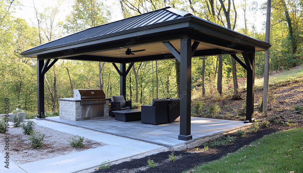 metal pergola with concrete floor covering by a cladding house metal pergola with concrete floor covering by a cladding house