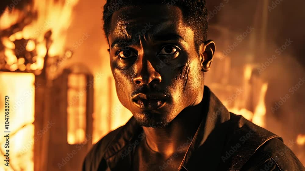 A man stares intently at the camera, his face illuminated by a fire behind him A man stares intently at the camera, his face illuminated by a fire behind him