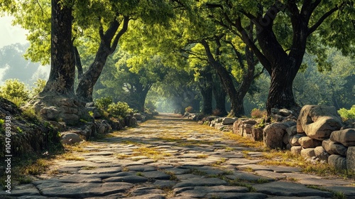 A picturesque pathway leading to Jejuri, lined with ancient trees and stones, inviting visitors to explore its beauty, photo