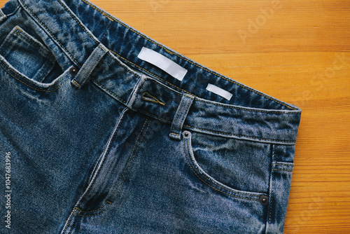 Close up of dark blue denim jeans on wooden background. Denim texture on wooden background