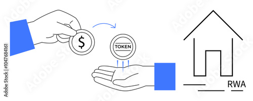 Hand exchanging a dollar coin for a token with a house icon labeled RWA. Ideal for finance, blockchain, real-estate, investments, tokenization. Minimalist, modern, clean