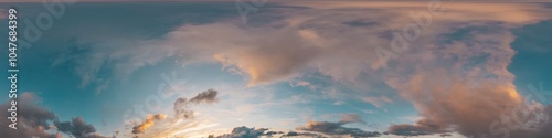 Sunset sky panorama with bright glowing pink Cumulus clouds. HDR 360 seamless spherical panorama. Full zenith or sky dome in 3D, sky replacement for aerial drone panoramas. Climate and weather change.