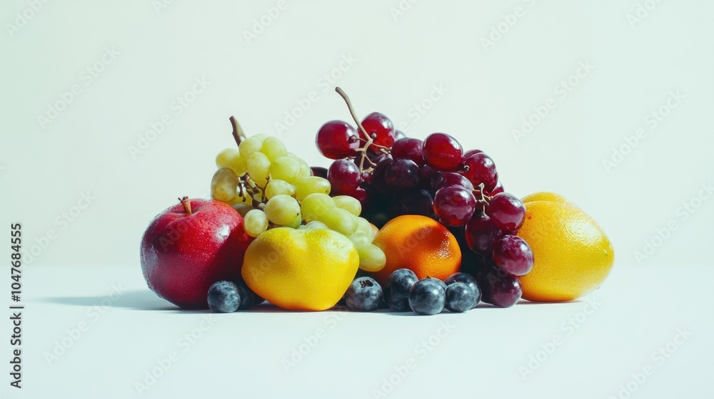 A playful arrangement of colorful fruits on a white background, showcasing their natural vibrant colors. A playful arrangement of colorful fruits on a white background, showcasing their natural vibrant colors.