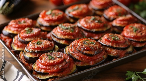 Layers of ratatouille in a tray. photo