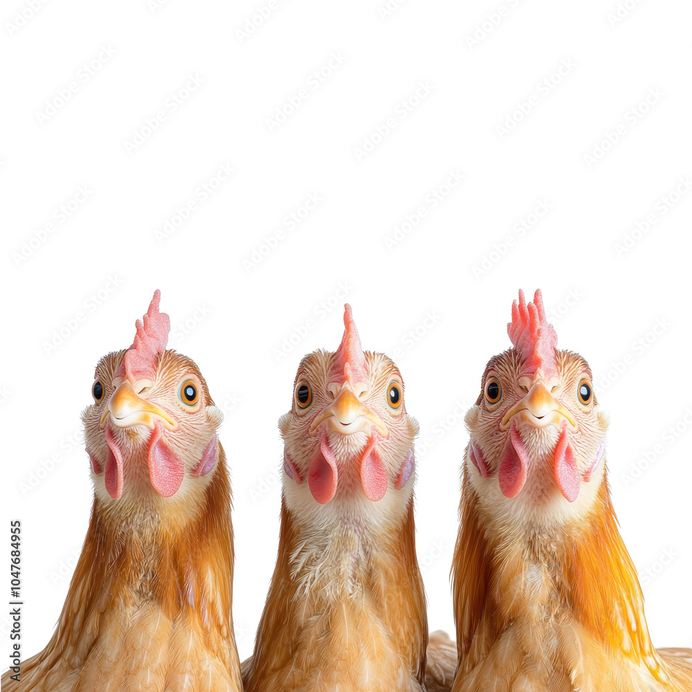 Naklejka premium Three curious chickens looking forward, isolated on a white background.