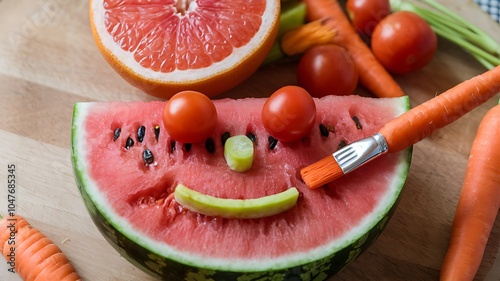 Creative and playful food art arrangement featuring a whimsical face made from fresh fruits and vegetables photo