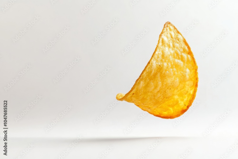 Potato chip with a golden crispy crust that stands out against a pure white background. Potato chip with a golden crispy crust that stands out against a pure white background.