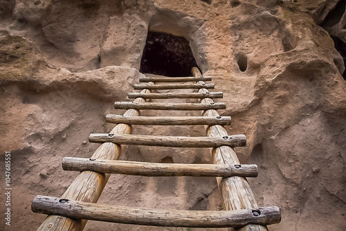 Wooden ladder leading to a cavate in Bandelier National Monument on the Pueblo Loop Trail occupied by the Ancestral Puebloans, few hundred years ago  photo