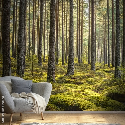 Barky wall in pine forest with green bed photo