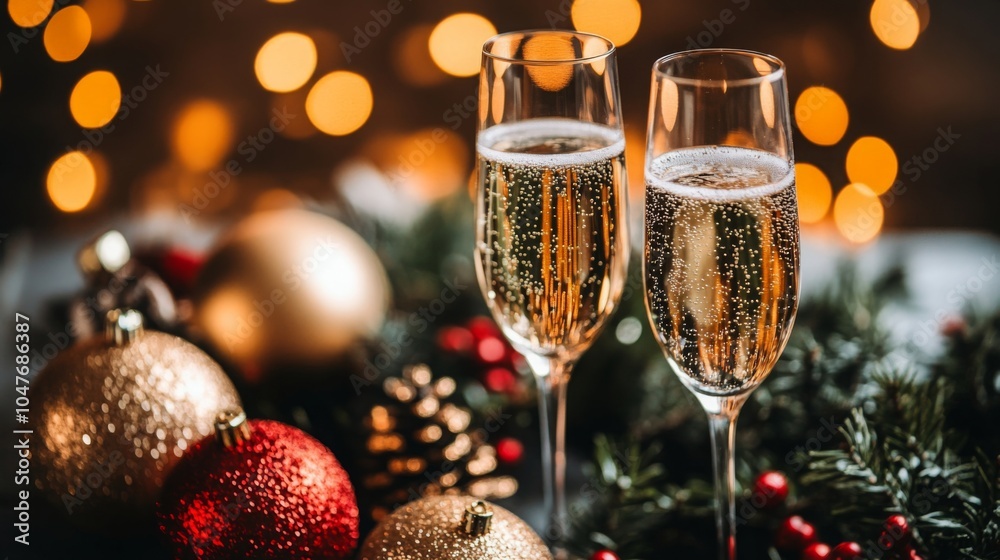 Two sparkling champagne glasses sit on a festive table surrounded by decorative ornaments and greenery. The ambiance is warm with soft, glowing lights creating a celebration atmosphere. Two sparkling champagne glasses sit on a festive table surrounded by decorative ornaments and greenery. The ambiance is warm with soft, glowing lights creating a celebration atmosphere.