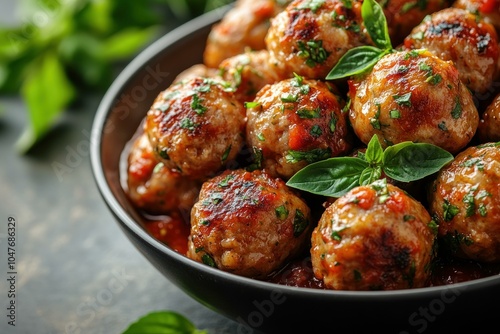 A 45 Angle shot of meatballs in a rich tomato photo