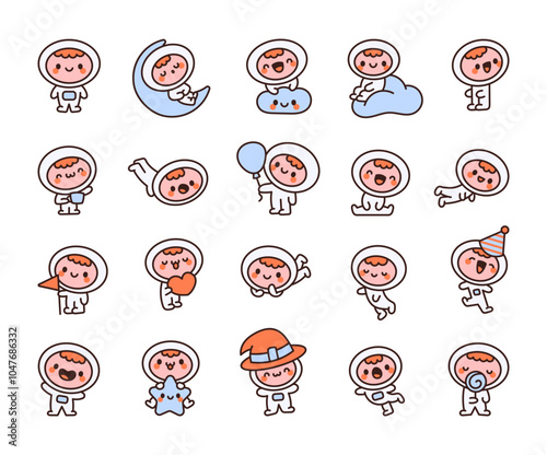 Cute astronaut boy in spacesuit. Cartoon space hero. Hand drawn style. Vector drawing. Collection of design elements.