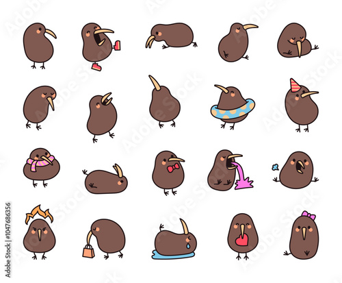 Funny kiwi bird. Friendly cartoon character. Hand drawn style. Vector drawing. Collection of design elements.