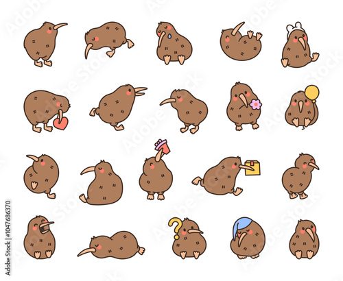 Cute kiwi bird. Friendly cartoon character. Hand drawn style. Vector drawing. Collection of design elements.