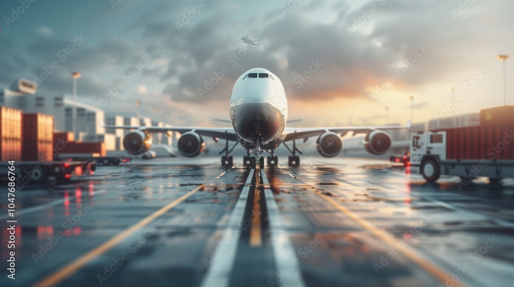 A cargo airplane stands on the runway, with loading and unloading equipment preparing for operation as dark clouds gather overhead. Generative AI A cargo airplane stands on the runway, with loading and unloading equipment preparing for operation as dark clouds gather overhead. Generative AI
