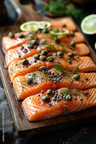 A 45 Angle shot of smoked salmon with capers a