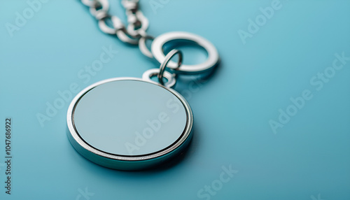 Color metal pet tags with ring on light blue background, closeup. Space for text