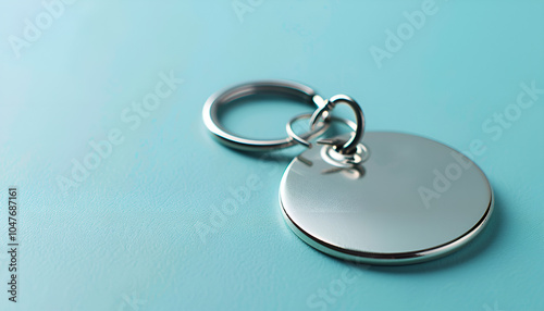 Color metal pet tags with ring on light blue background, closeup. Space for text