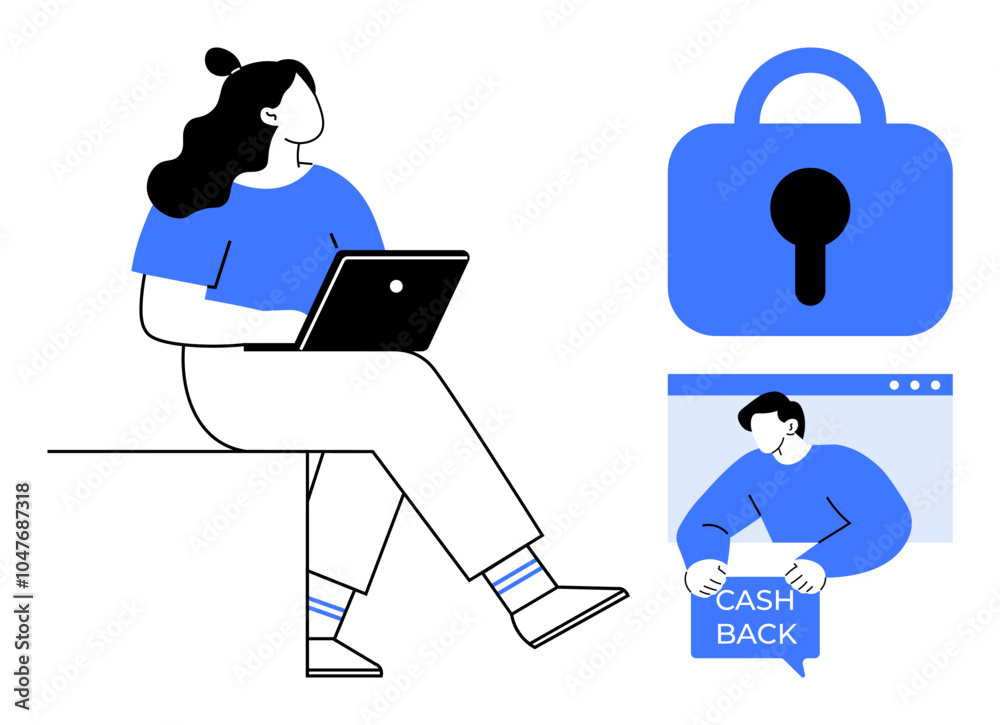 Person sitting with a laptop. Blue lock icon and figure holding cash back sign. Ideal for online security, digital transactions, remote work, e-commerce, financial services. Modern, minimalist, flat Person sitting with a laptop. Blue lock icon and figure holding cash back sign. Ideal for online security, digital transactions, remote work, e-commerce, financial services. Modern, minimalist, flat