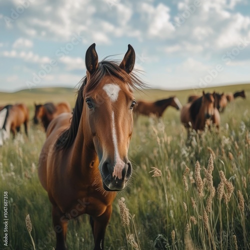 Horses grazing and running