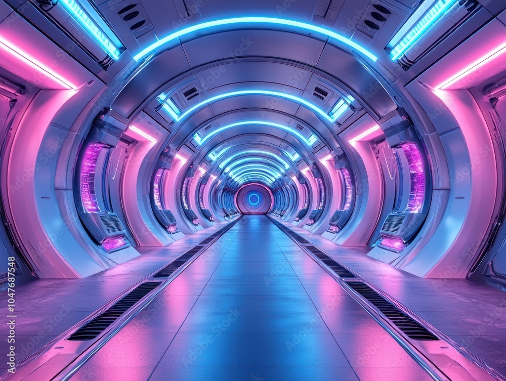 Futuristic Neon-Lit Corridor in a Spaceship or Sci-Fi Setting Futuristic Neon-Lit Corridor in a Spaceship or Sci-Fi Setting