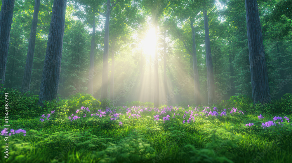 Sunlight streams through a vibrant forest, illuminating wildflowers and lush greenery in a serene woodland setting Sunlight streams through a vibrant forest, illuminating wildflowers and lush greenery in a serene woodland setting