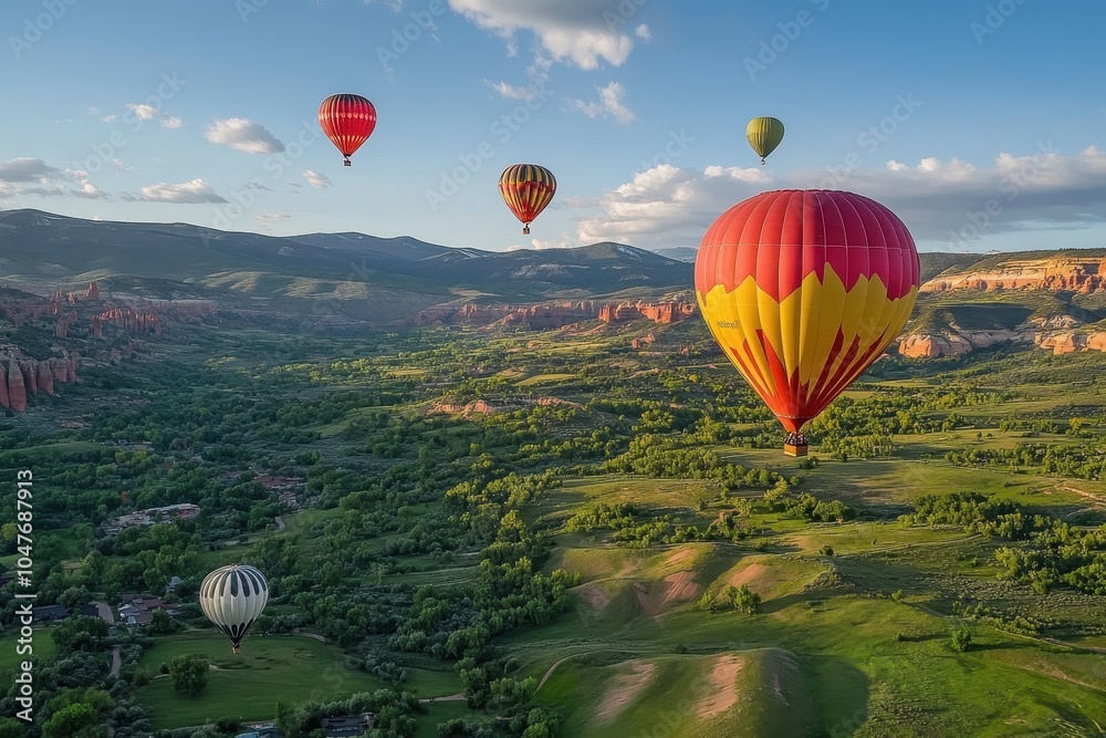 Fototapeta premium Hot air balloons float over a lush green valley.