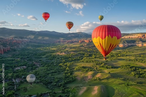 Hot air balloons float over a lush green valley. photo