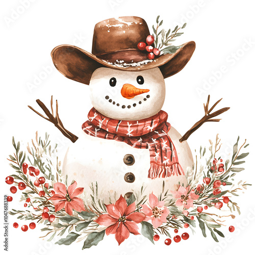 A cheerful snowman wearing a cowboy hat and scarf stands amidst festive decorations of flowers and berries. Watercolor illustration.