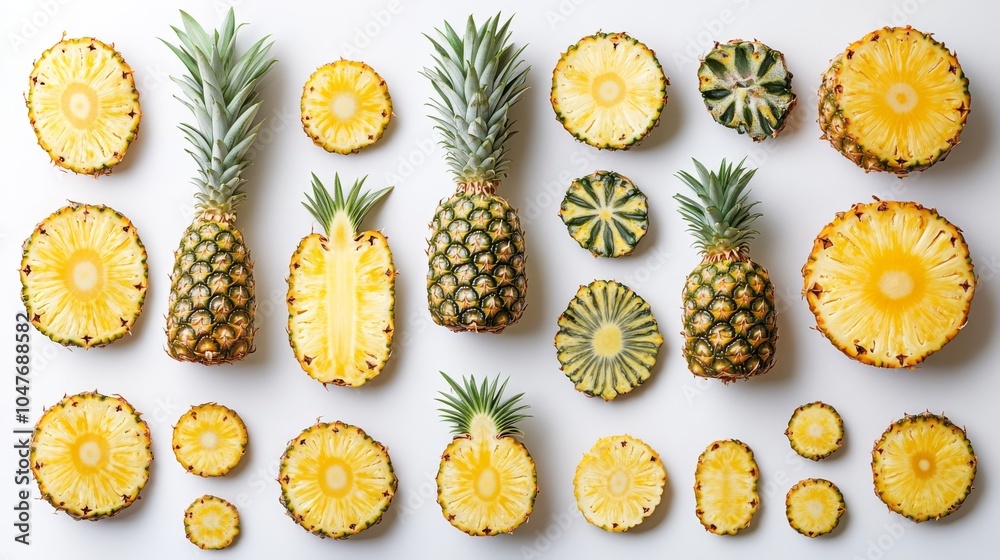 Set of fresh pineapples with slices, isolated on a clean white background, showcasing their vibrant yellow and green colors Set of fresh pineapples with slices, isolated on a clean white background, showcasing their vibrant yellow and green colors