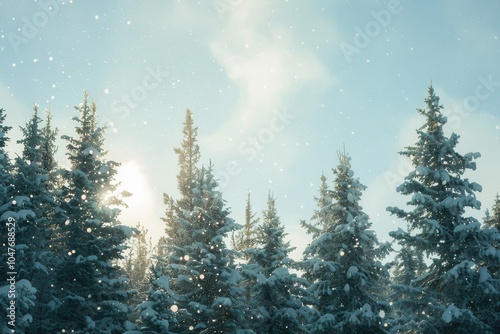 Tall pine trees stand majestically in a snow-covered forest, illuminated by soft sunlight filtering through the winter sky. Generative AI