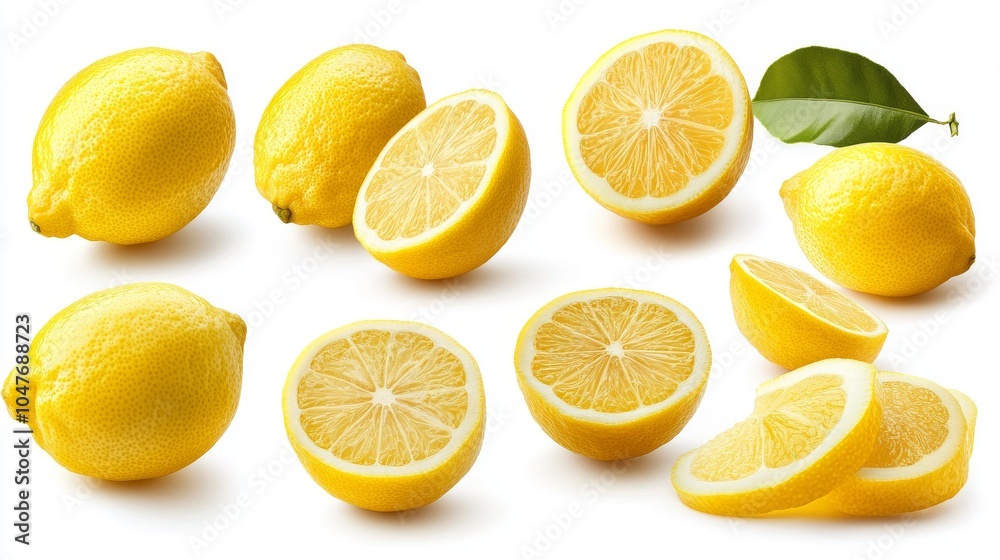 Group of lemons with slices and peels, isolated on a pure white background, capturing their citrusy appeal Group of lemons with slices and peels, isolated on a pure white background, capturing their citrusy appeal