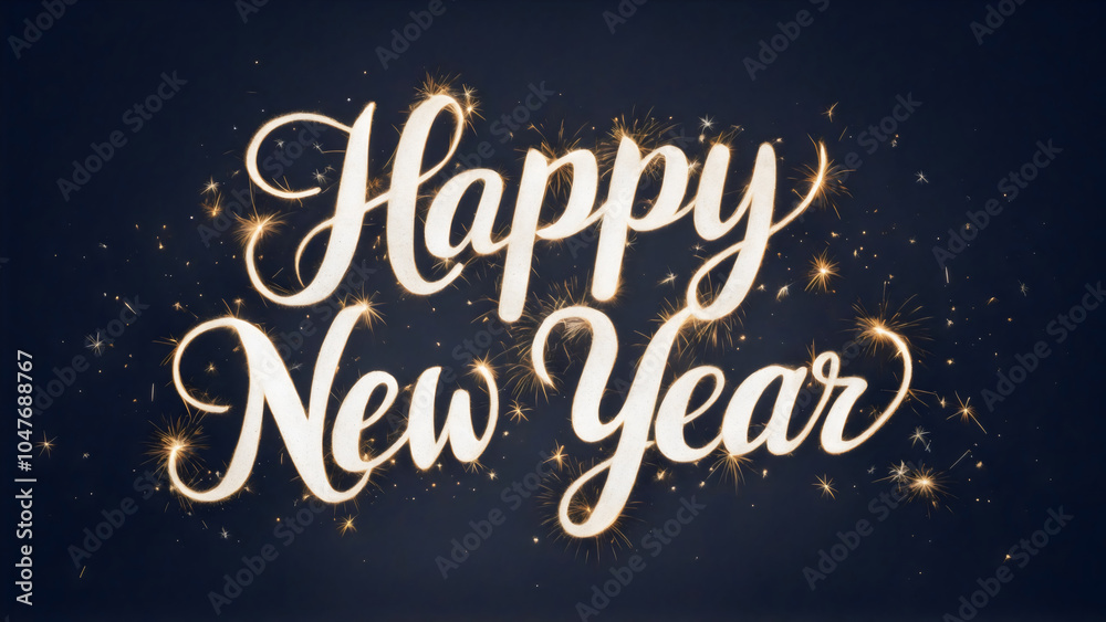 Happy New Year cursive elegant script text sparkles brightly against a sleek black background, glowing letters, sparks, celebrating the arrival of a new year's eve, card, poster, banner, party Happy New Year cursive elegant script text sparkles brightly against a sleek black background, glowing letters, sparks, celebrating the arrival of a new year's eve, card, poster, banner, party