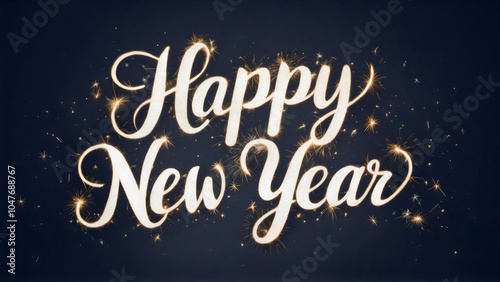 Happy New Year cursive elegant script text sparkles brightly against a sleek black background, glowing letters, sparks, celebrating the arrival of a new year's eve, card, poster, banner, party 