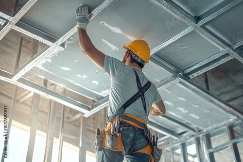 Construction worker installing ceiling panels.