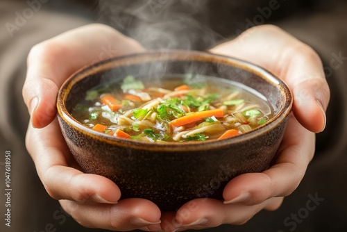 Hands holding a steaming bowl of homemade soup photo