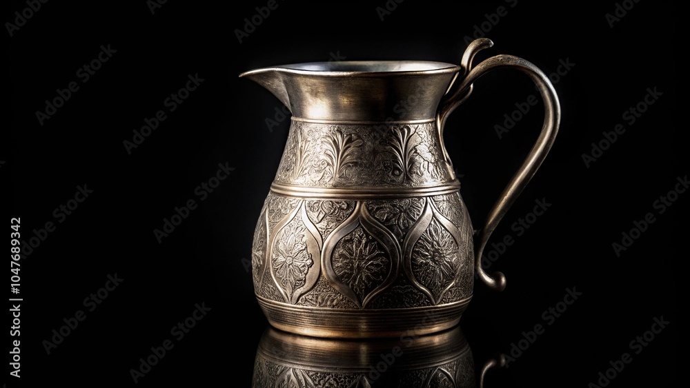 Symmetrical antique metal milk jug with engraving isolated on black background Symmetrical antique metal milk jug with engraving isolated on black background