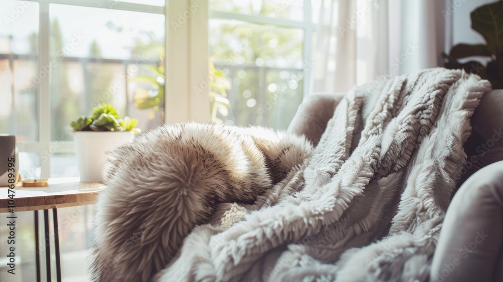 An inviting workspace with a padded armchair a fluffy throw blanket and a natural light streaming in from the window. An inviting workspace with a padded armchair a fluffy throw blanket and a natural light streaming in from the window.