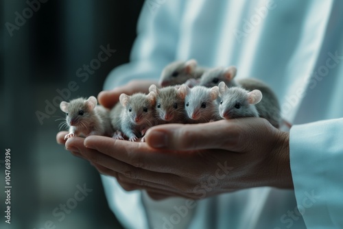 A scientist holds laboratory mice in a white coat, illustrating the process of animal testing for research purposes photo