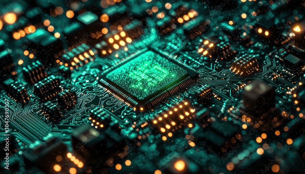 Obraz premium Close-up of a Green Circuit Board with a Glowing Chip