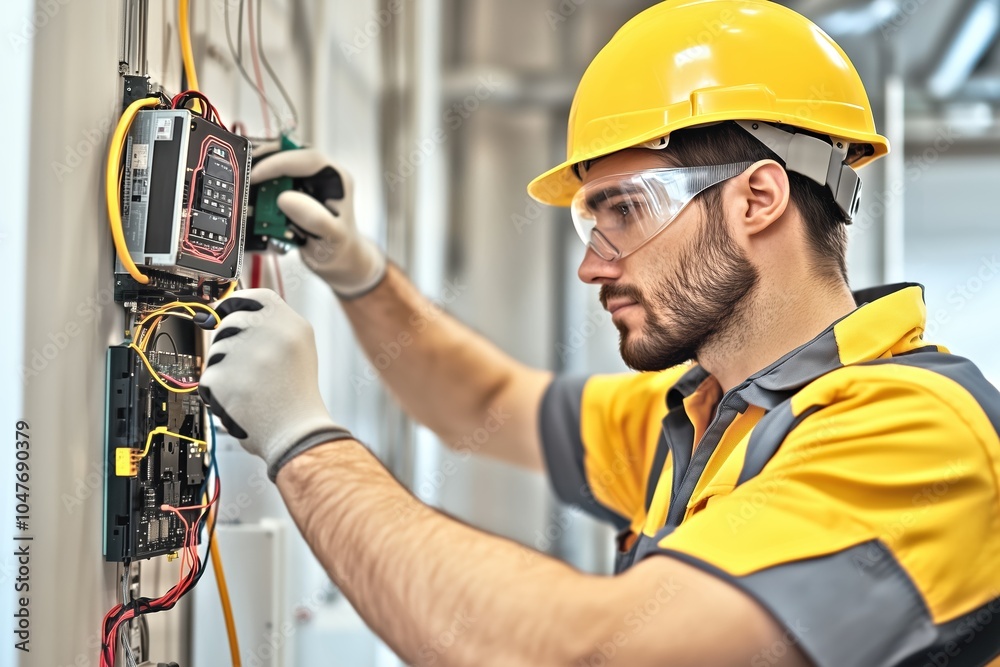A young engineer in a protective helmet and glasses works with wiring, emphasizing safety and technical skills in a manufacturing environment A young engineer in a protective helmet and glasses works with wiring, emphasizing safety and technical skills in a manufacturing environment