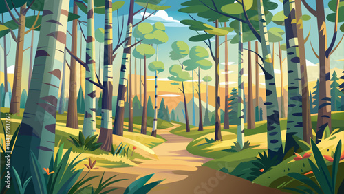 A serene forest path winds through tall trees under a colorful sky at sunset, inviting exploration and reflection in nature's beauty