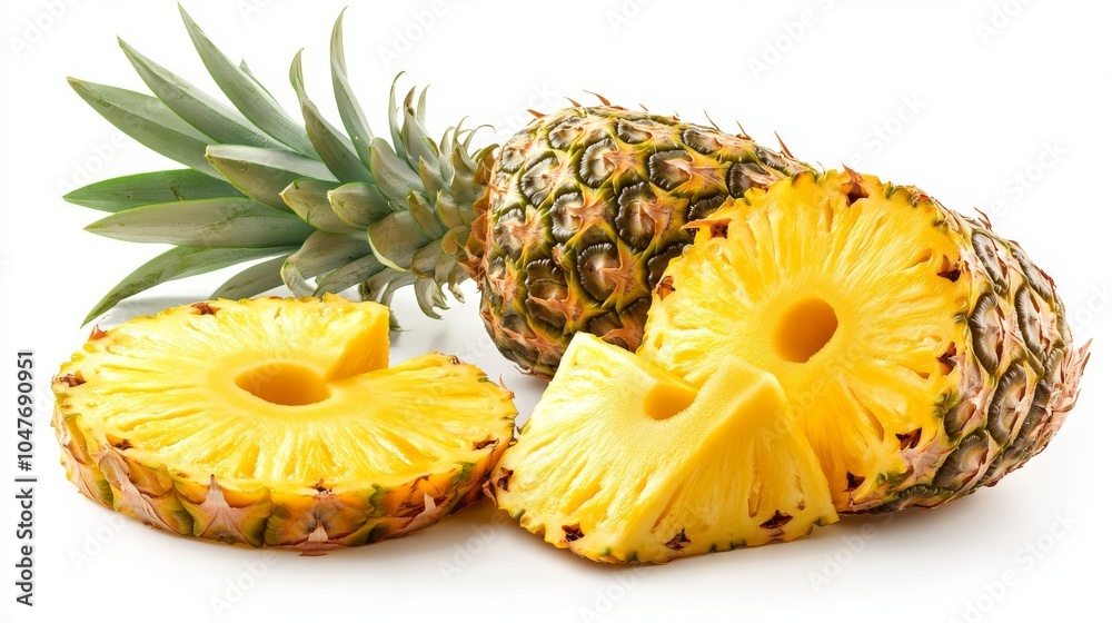 Group of pineapples with slices and peels, isolated on a pure white background, capturing their fruity and exotic nature Group of pineapples with slices and peels, isolated on a pure white background, capturing their fruity and exotic nature