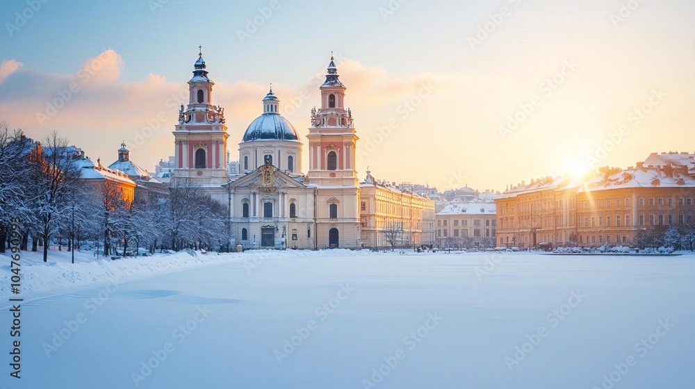Obraz premium Historical city center covered in snow, sun rays illuminating ancient architecture with a serene winter glow, historic winter city, urban nostalgia