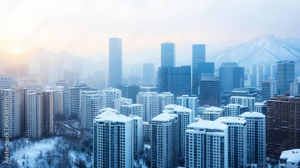 Mountainous city skyline with buildings covered in fresh snow, sun shining through fog over the distant peaks,  snowy skyline, urban wilderness