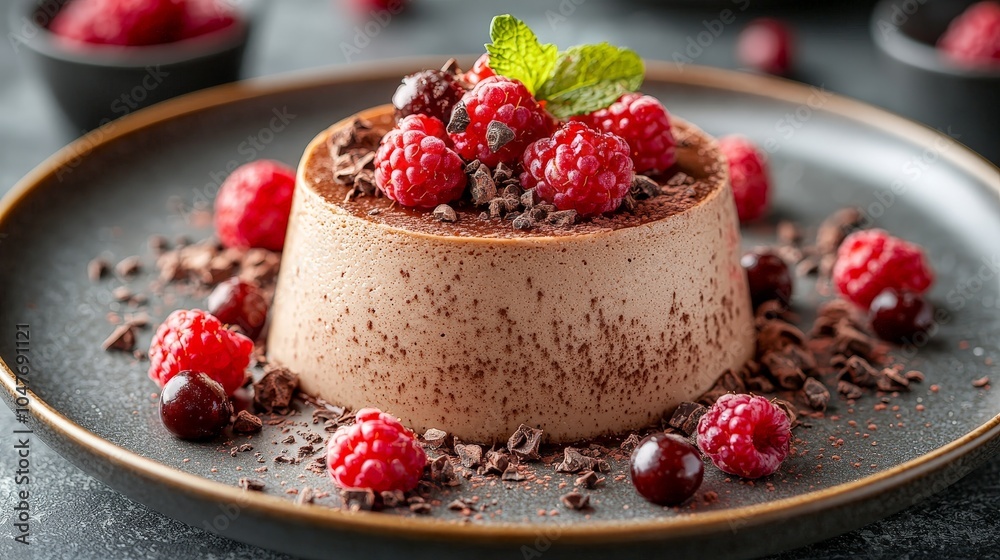 A decadent chocolate dessert garnished with raspberries and mint on a dark plate. A decadent chocolate dessert garnished with raspberries and mint on a dark plate.