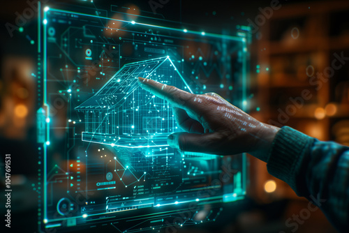 Wallpaper Mural Closeup of hand designing a virtual home model with digital holograms. Torontodigital.ca