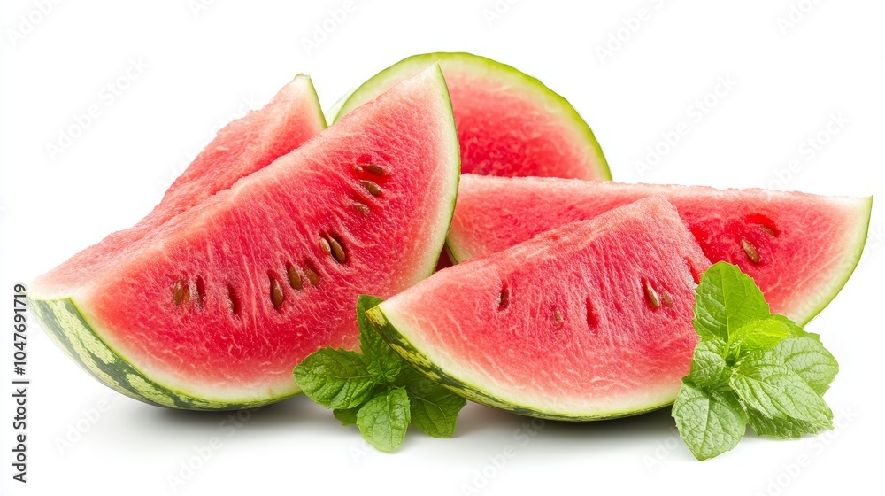 Selection of watermelons with sliced segments, isolated against a white backdrop, emphasizing their refreshing quality Selection of watermelons with sliced segments, isolated against a white backdrop, emphasizing their refreshing quality