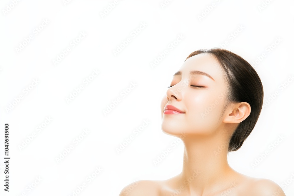 A beautiful Japanese woman smiles in a white space, radiating calmness and elegance A beautiful Japanese woman smiles in a white space, radiating calmness and elegance