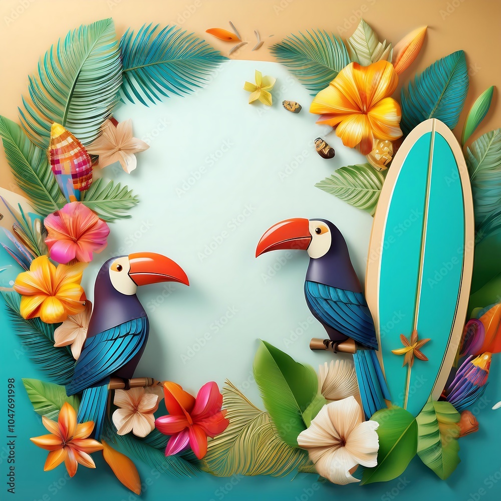 Naklejka premium Colorful tropical elements including toucans and surfboard create a vibrant summer layout for festive activities. Generative AI